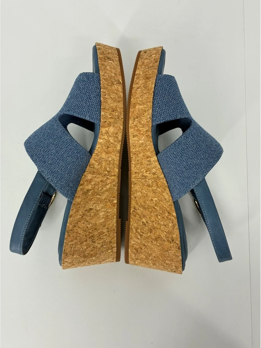 Cosy Island CorkLuxe H-Band Square Toe Blue Fabric Wedge Sandal Women's Size 7